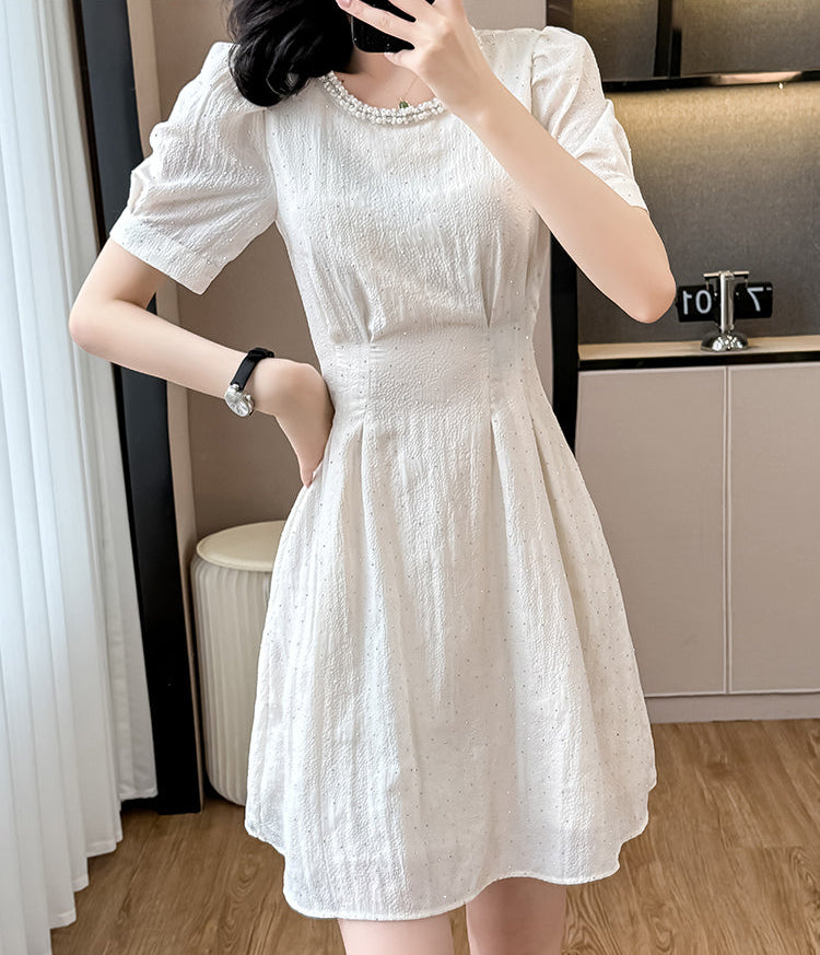 Summer Plissé High-Waist Fit & Flare Dress With Scalloped Neckline