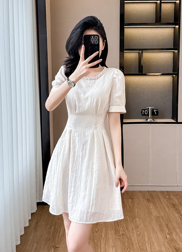 Summer Plissé High-Waist Fit & Flare Dress With Scalloped Neckline