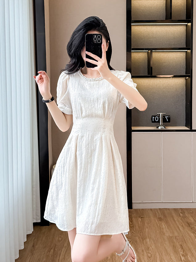 Summer Plissé High-Waist Fit & Flare Dress With Scalloped Neckline