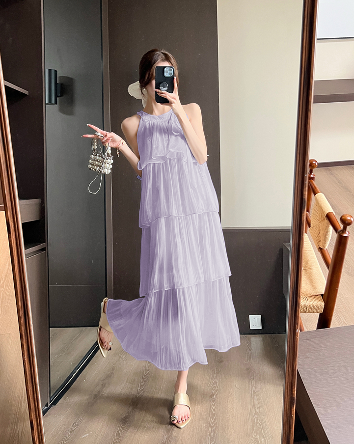 French-style halter neck dress-Pleated Flowy Summer Sundress