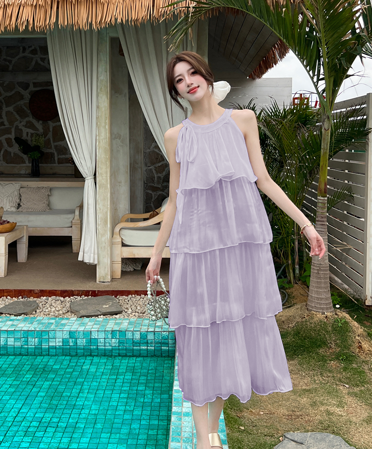 French-style halter neck dress-Pleated Flowy Summer Sundress