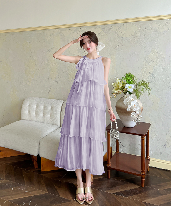 French-style halter neck dress-Pleated Flowy Summer Sundress
