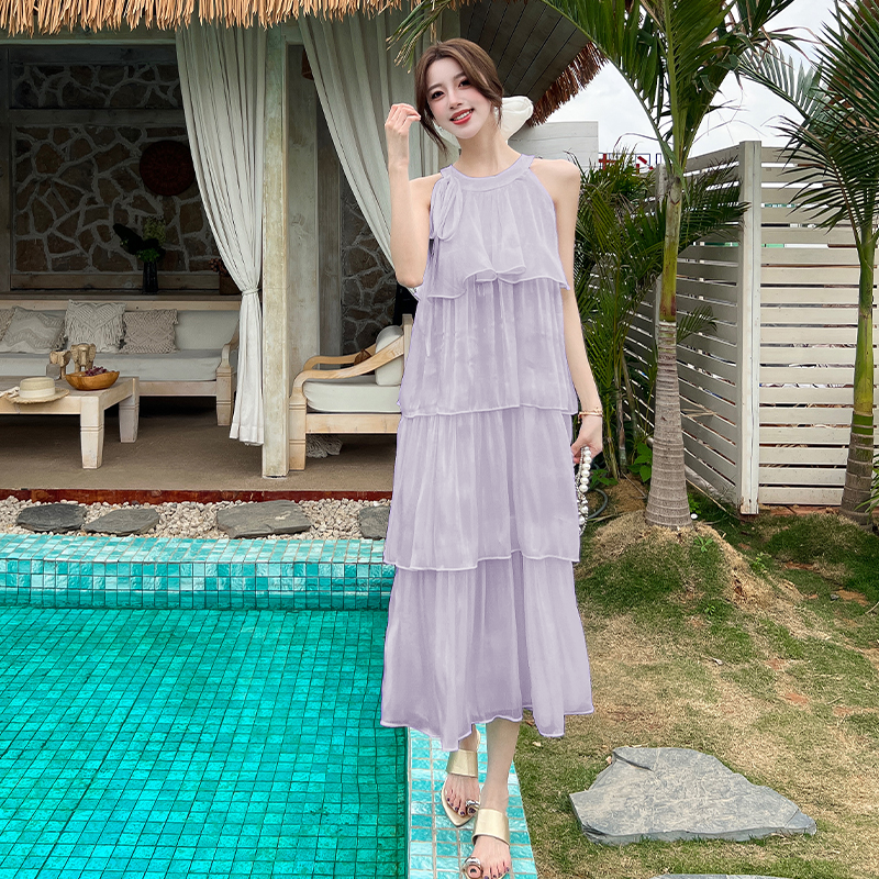 French-style halter neck dress-Pleated Flowy Summer Sundress