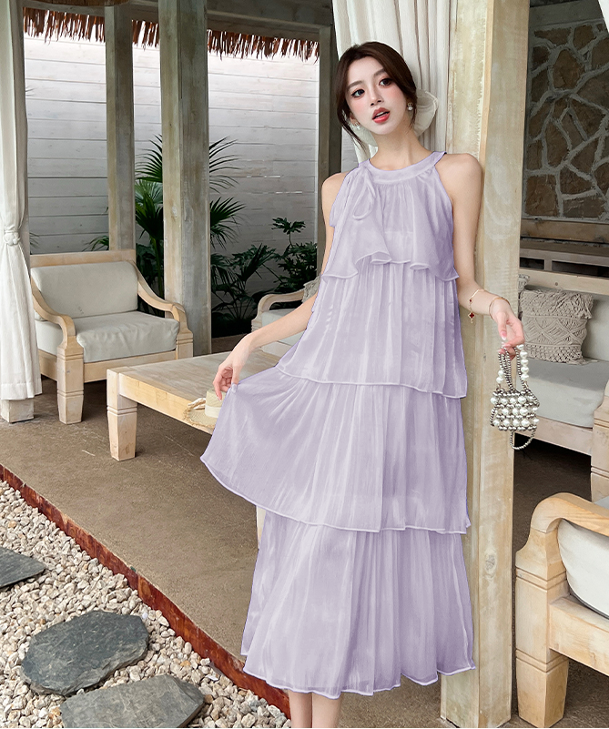 French-style halter neck dress-Pleated Flowy Summer Sundress