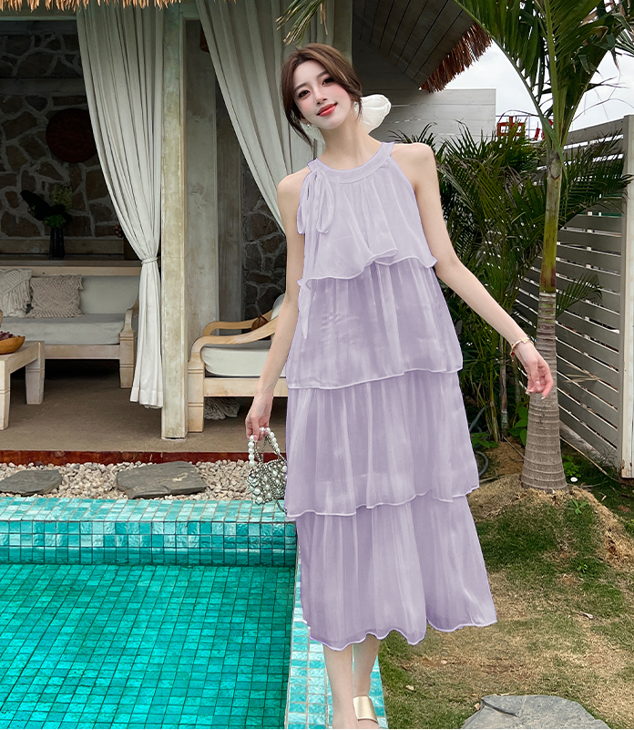 French-style halter neck dress-Pleated Flowy Summer Sundress