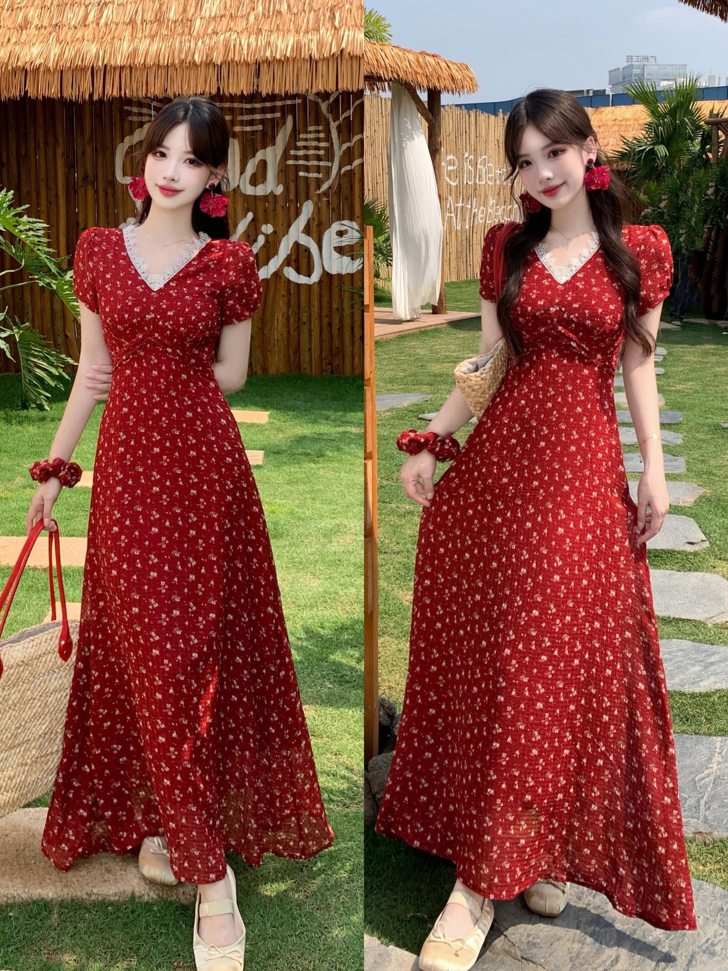 Summer Red Chiffon Maxi Dress-Retro Puff Sleeve Empire Waist Vacation Dress