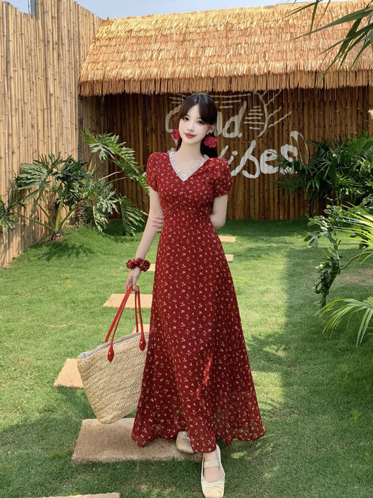 Summer Red Chiffon Maxi Dress-Retro Puff Sleeve Empire Waist Vacation Dress