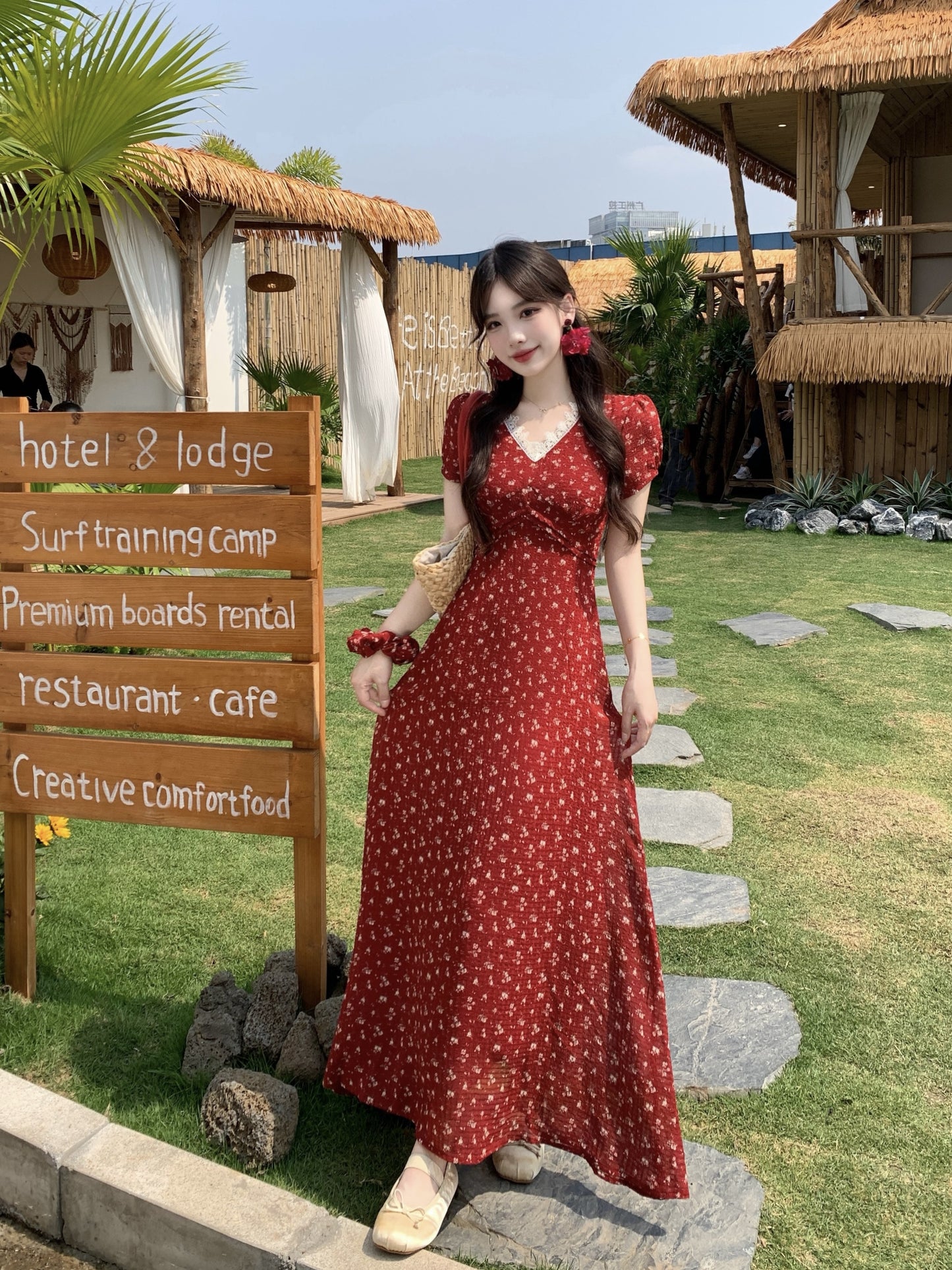 Summer Red Chiffon Maxi Dress-Retro Puff Sleeve Empire Waist Vacation Dress
