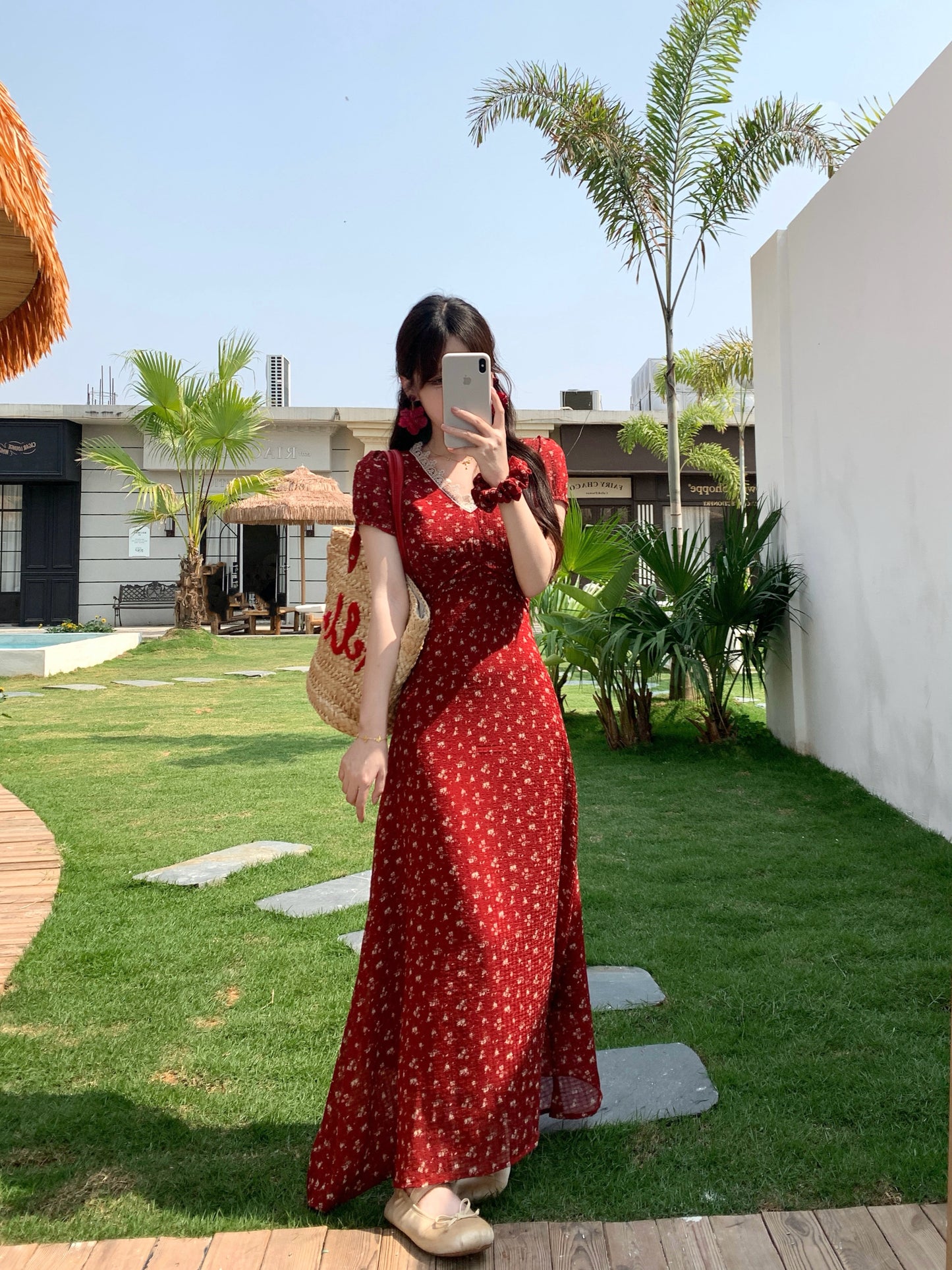 Summer Red Chiffon Maxi Dress-Retro Puff Sleeve Empire Waist Vacation Dress