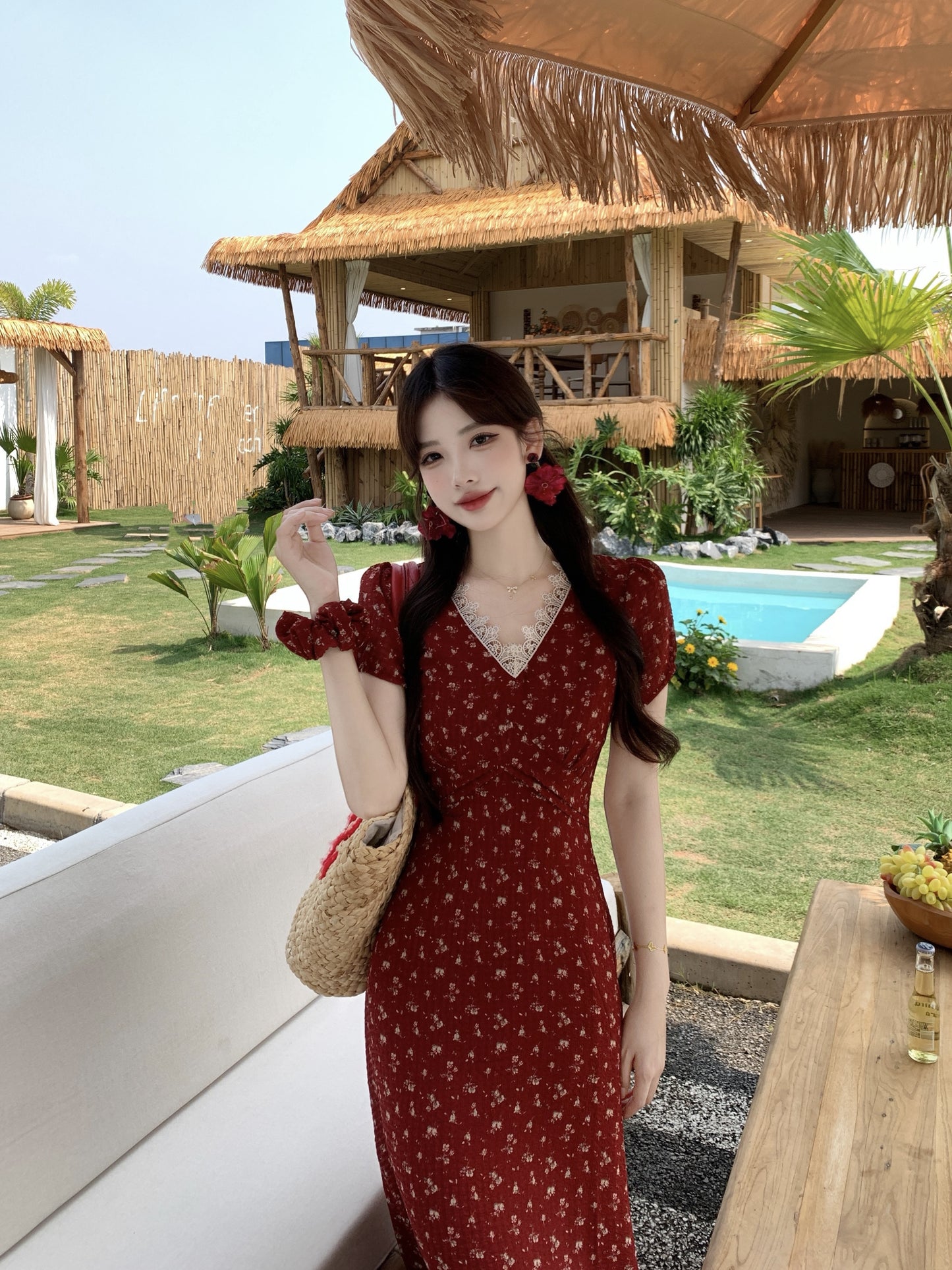 Summer Red Chiffon Maxi Dress-Retro Puff Sleeve Empire Waist Vacation Dress