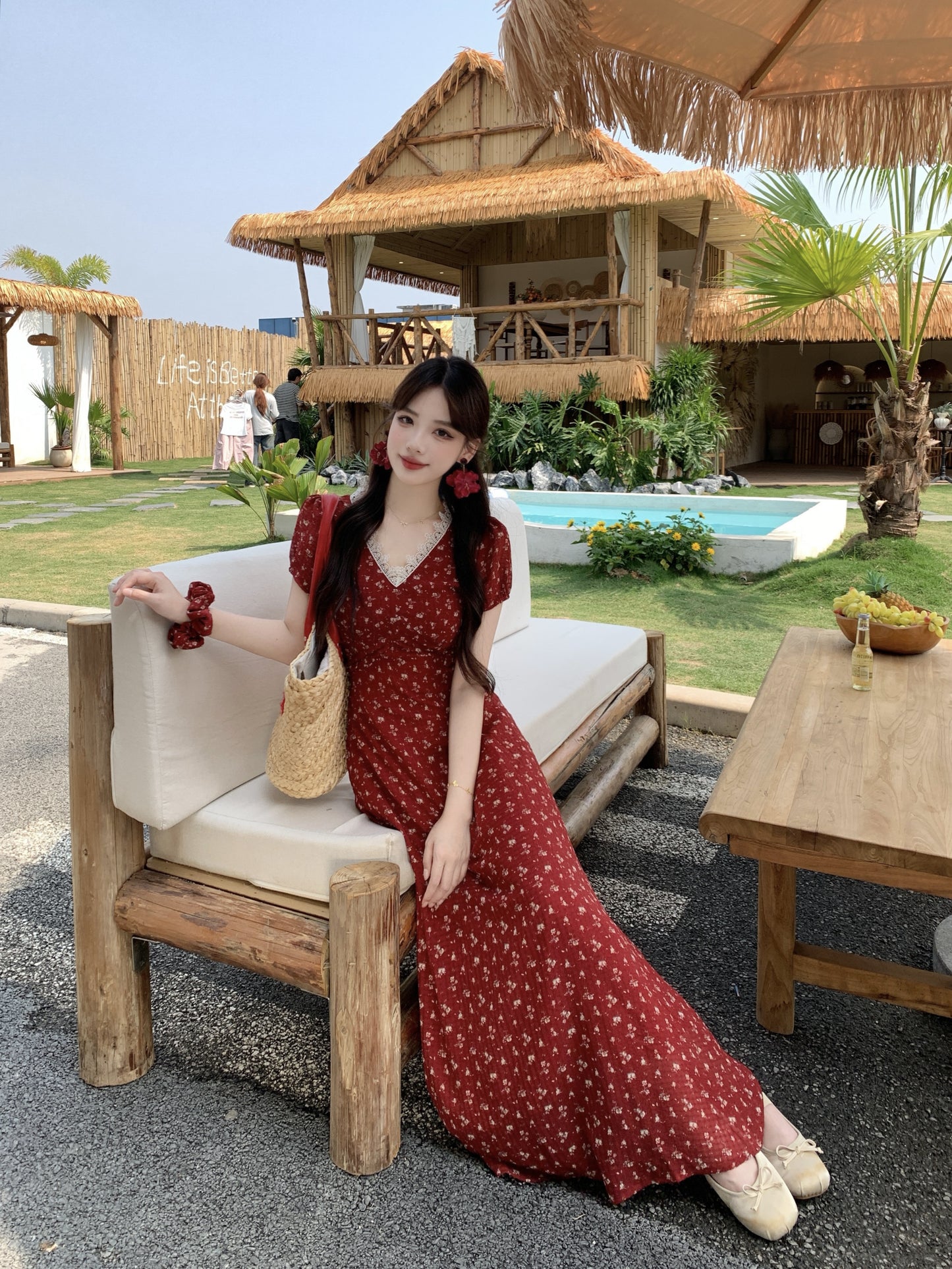 Summer Red Chiffon Maxi Dress-Retro Puff Sleeve Empire Waist Vacation Dress