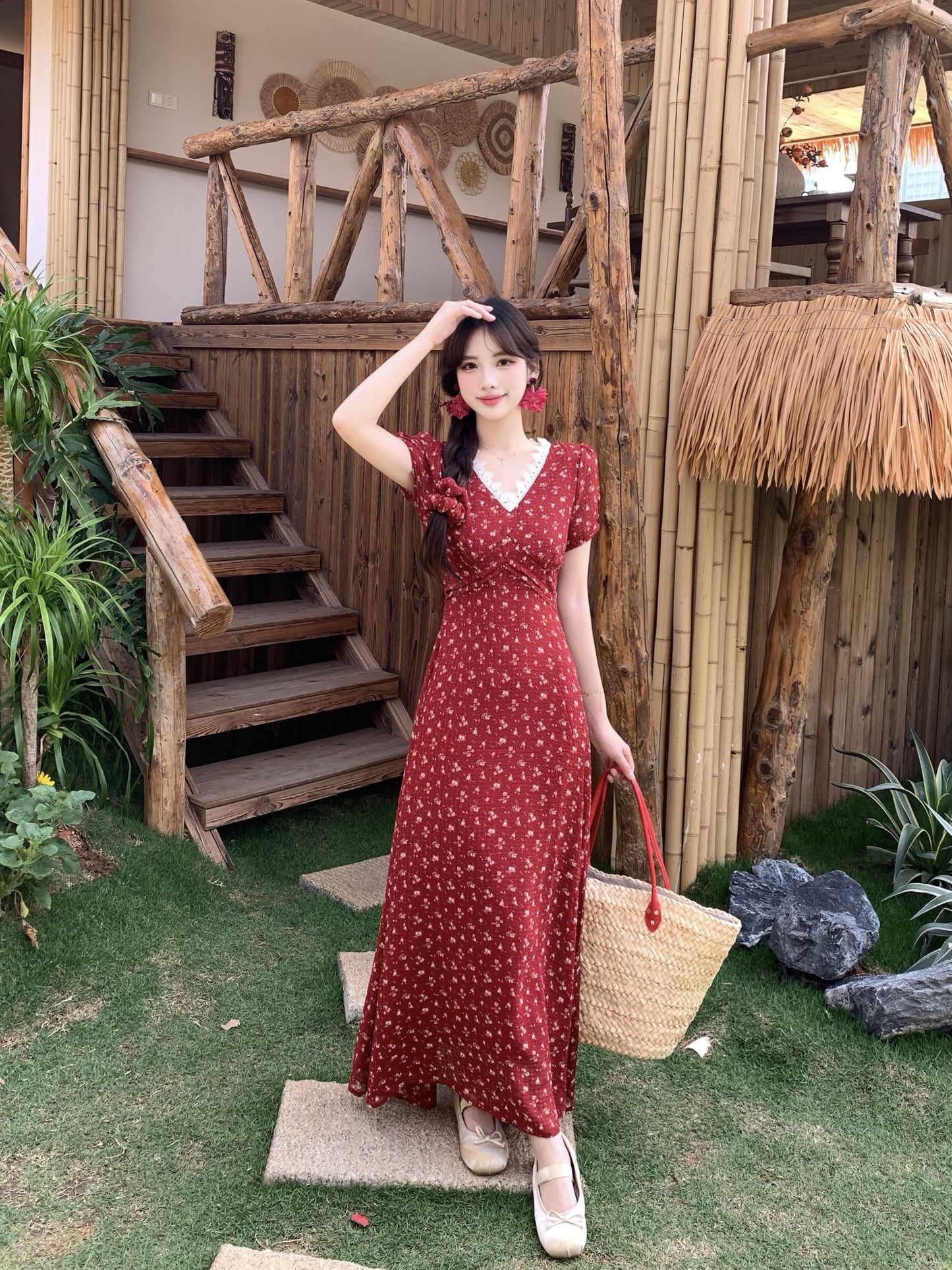 Summer Red Chiffon Maxi Dress-Retro Puff Sleeve Empire Waist Vacation Dress