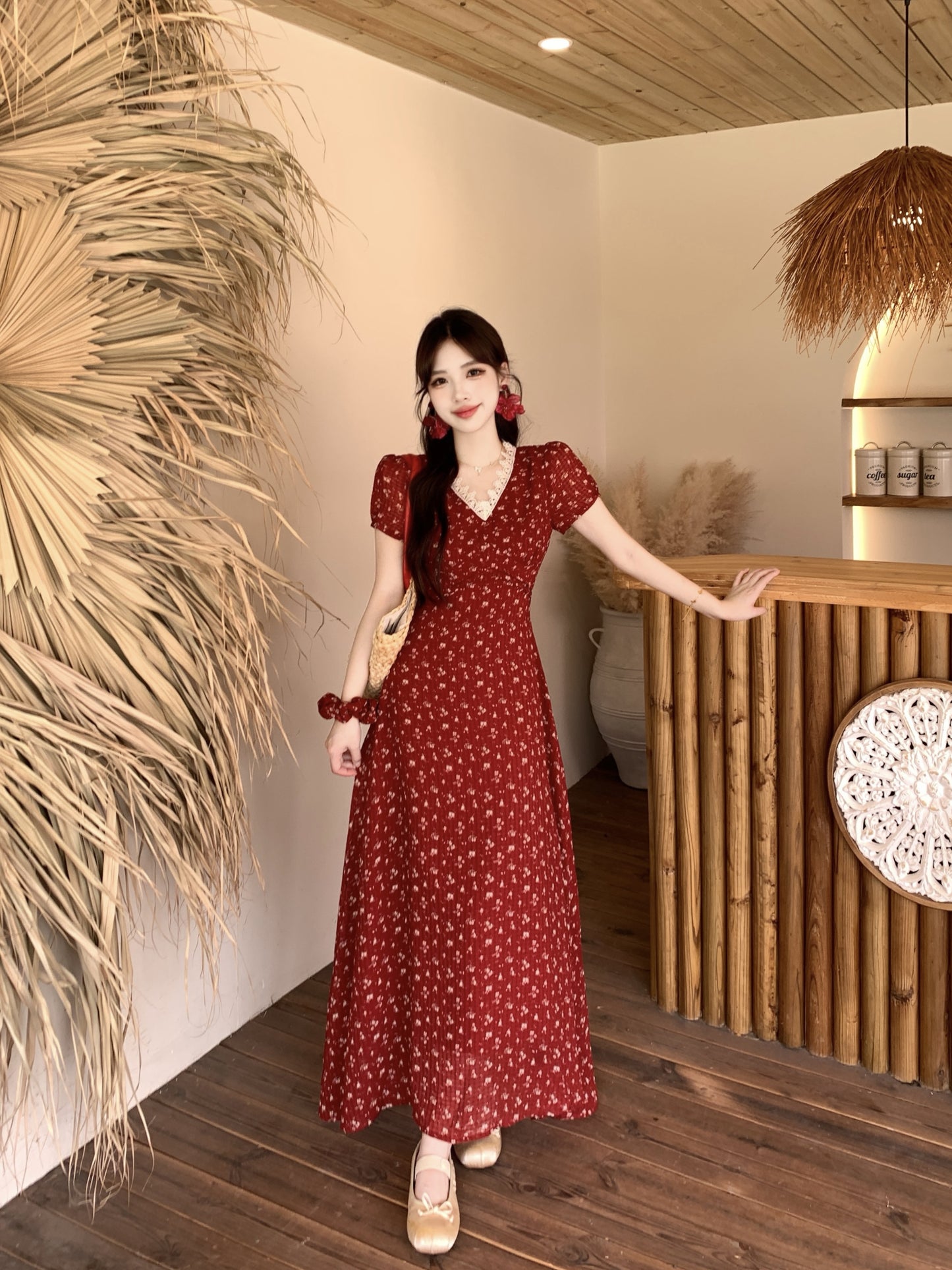 Summer Red Chiffon Maxi Dress-Retro Puff Sleeve Empire Waist Vacation Dress