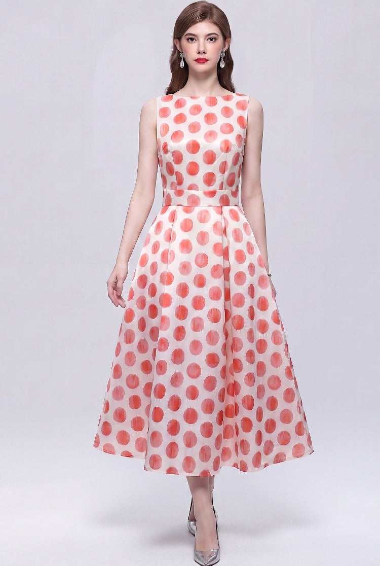 Red Dot Sleeveless printed With A Three-dimensional Cut Dress