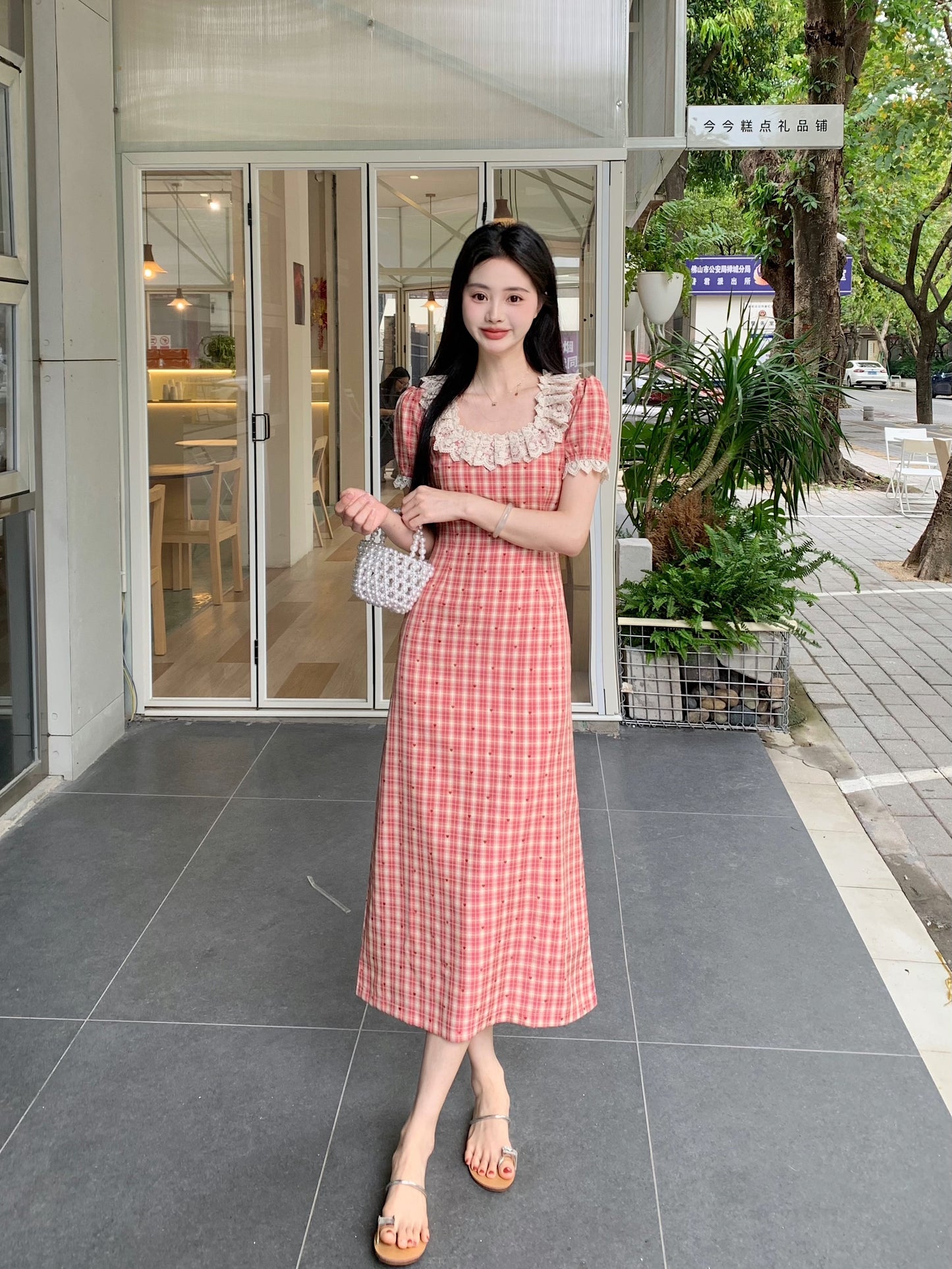 French Countryside Lace-Collar Gingham Dress