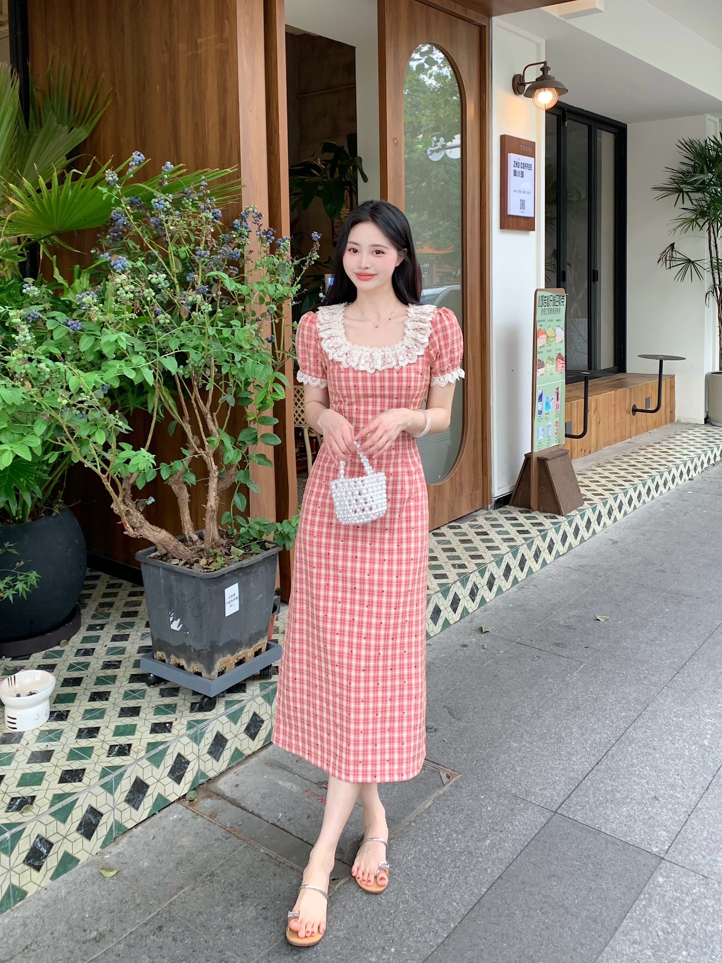 French Countryside Lace-Collar Gingham Dress