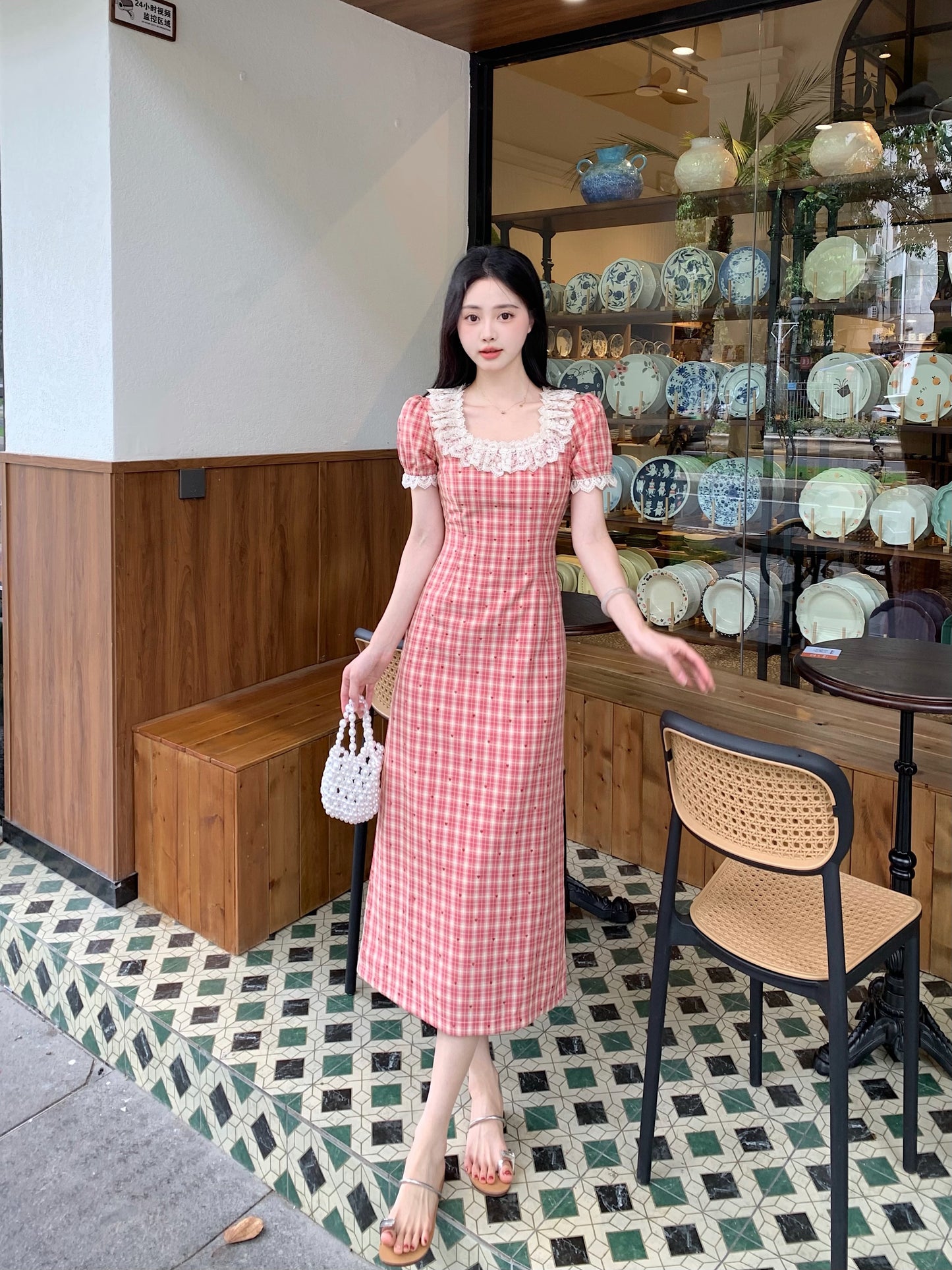 French Countryside Lace-Collar Gingham Dress