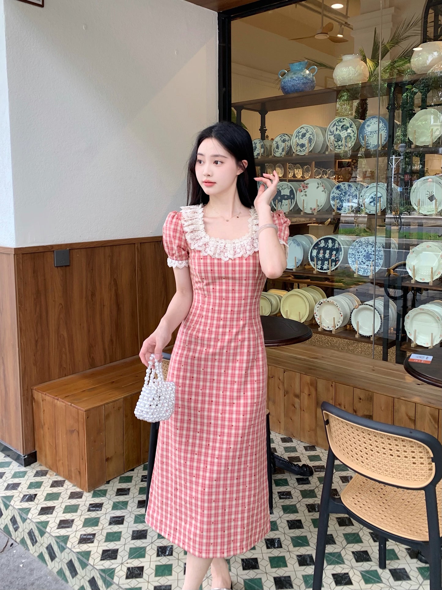 French Countryside Lace-Collar Gingham Dress
