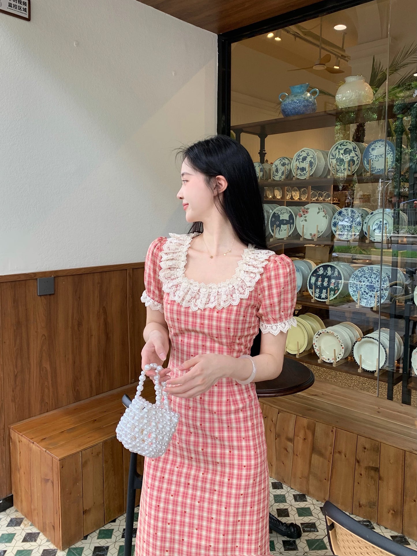 French Countryside Lace-Collar Gingham Dress