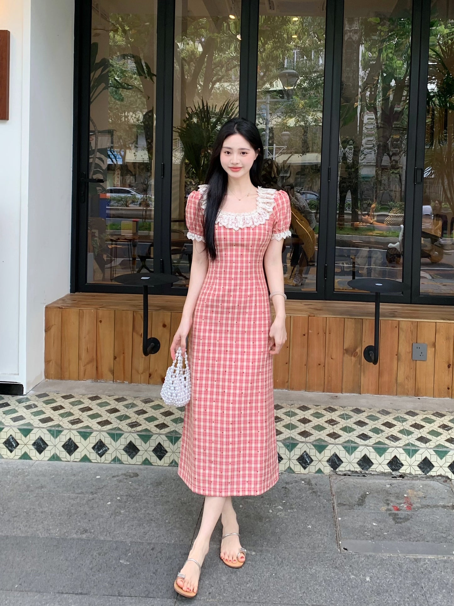 French Countryside Lace-Collar Gingham Dress