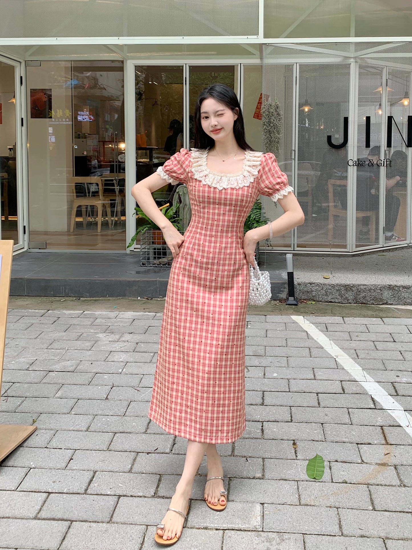 French Countryside Lace-Collar Gingham Dress