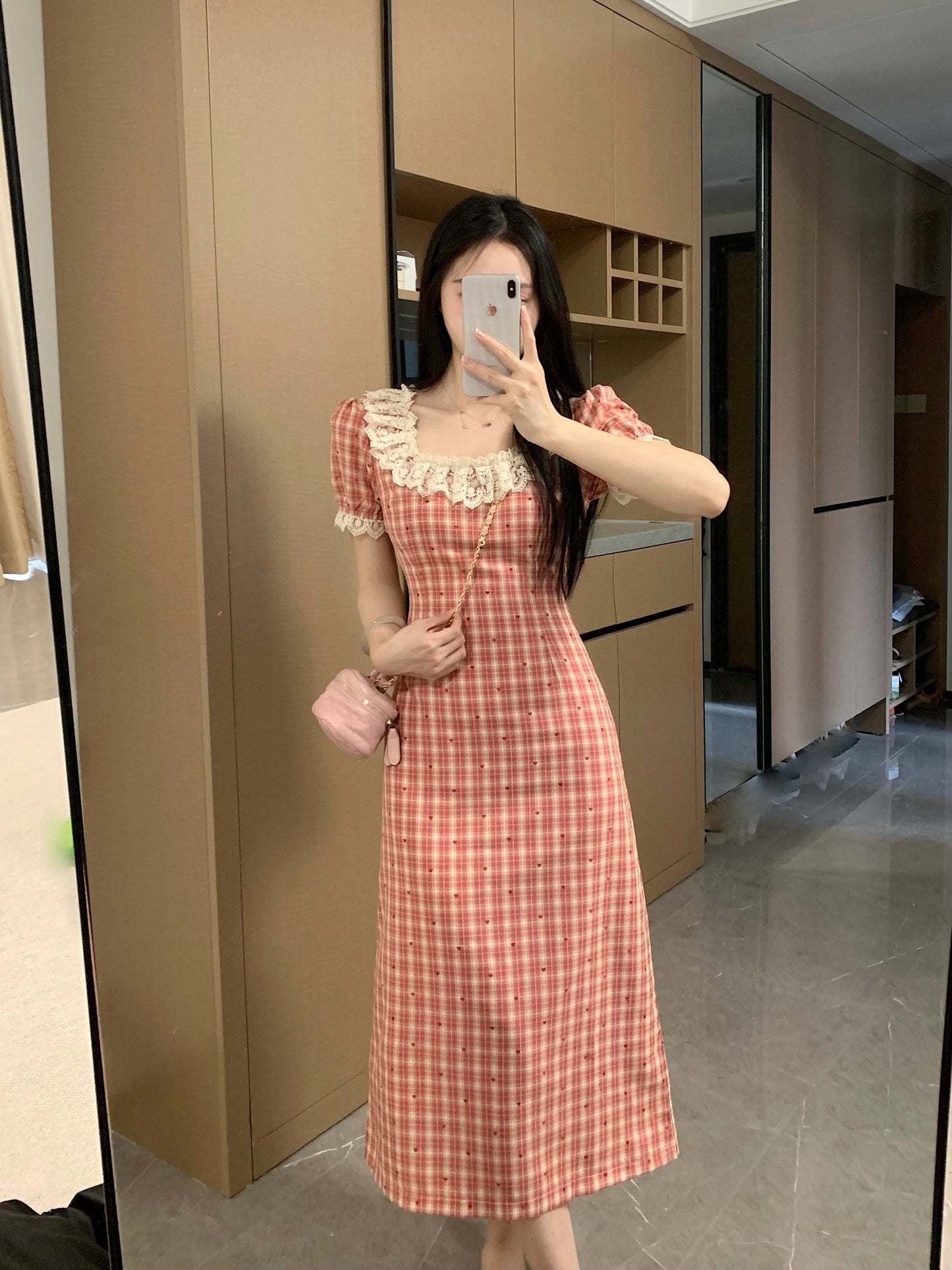French Countryside Lace-Collar Gingham Dress