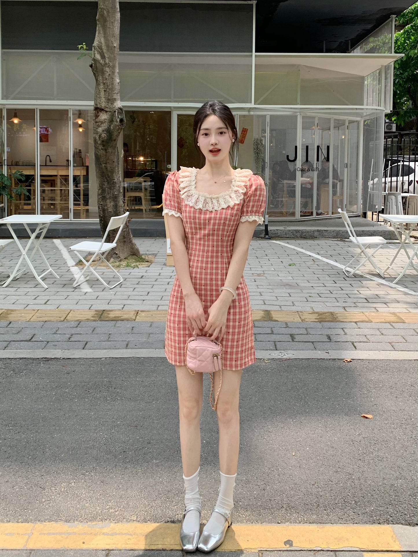 French Countryside Lace-Collar Gingham Dress