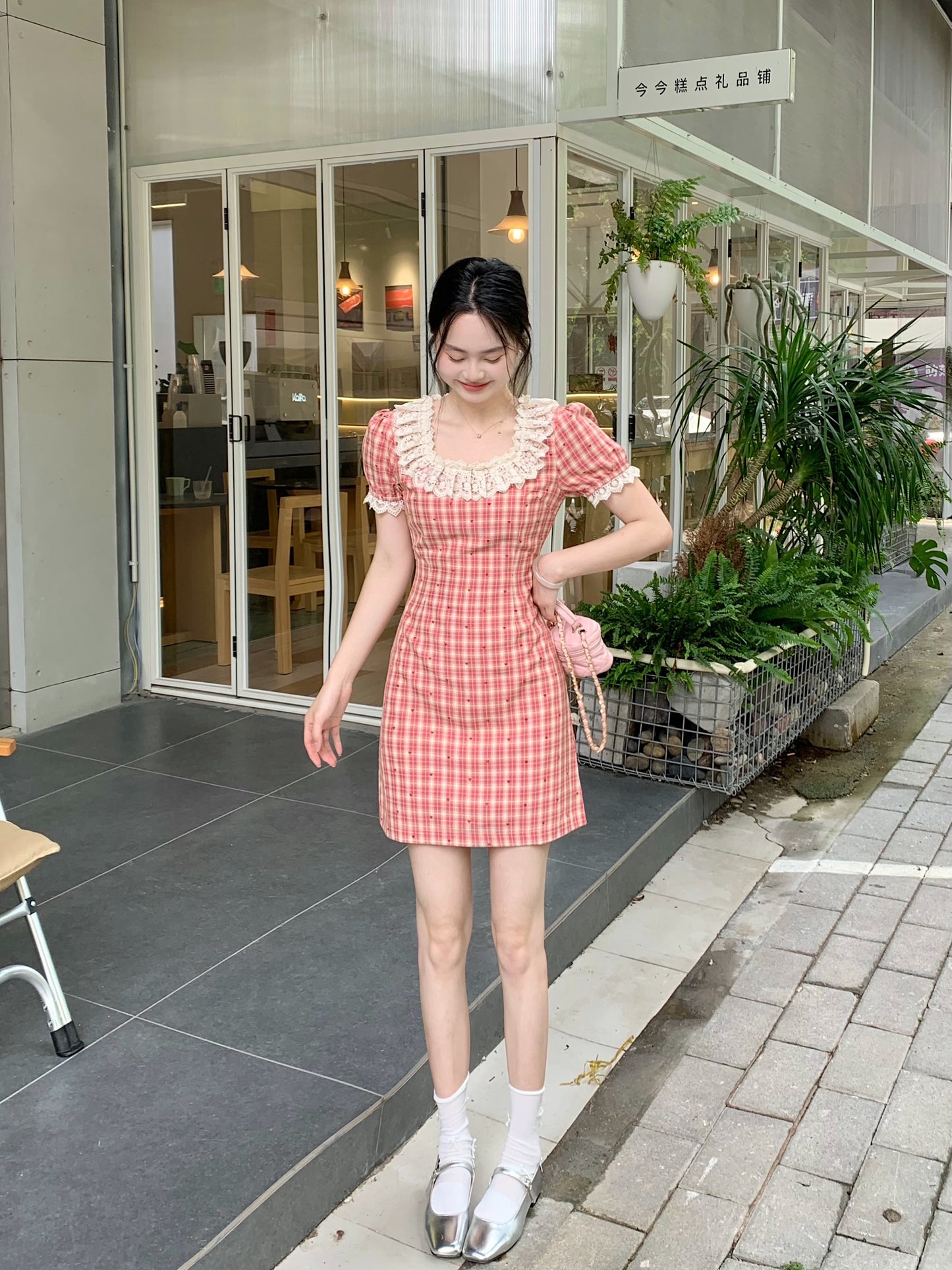 French Countryside Lace-Collar Gingham Dress