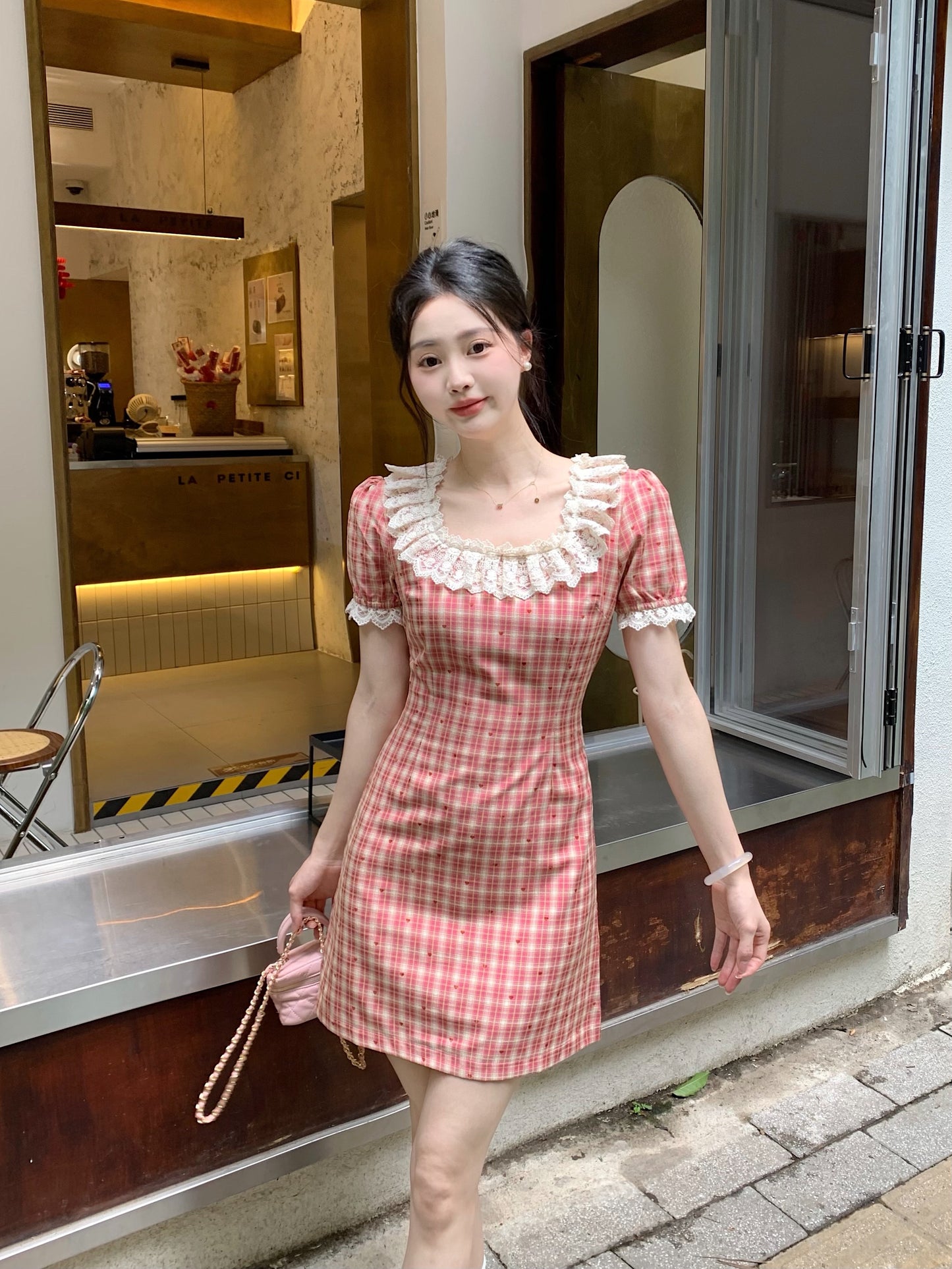 French Countryside Lace-Collar Gingham Dress