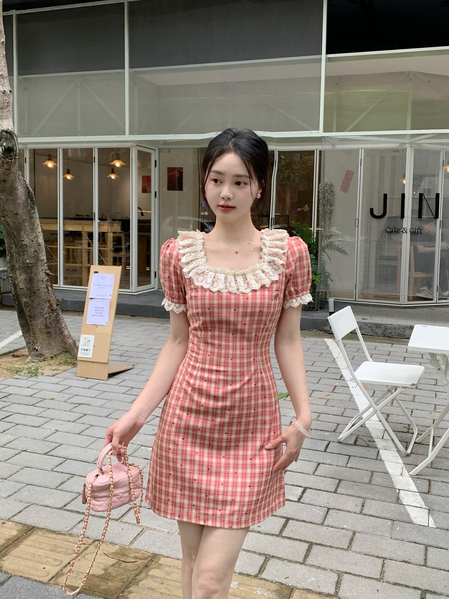 French Countryside Lace-Collar Gingham Dress