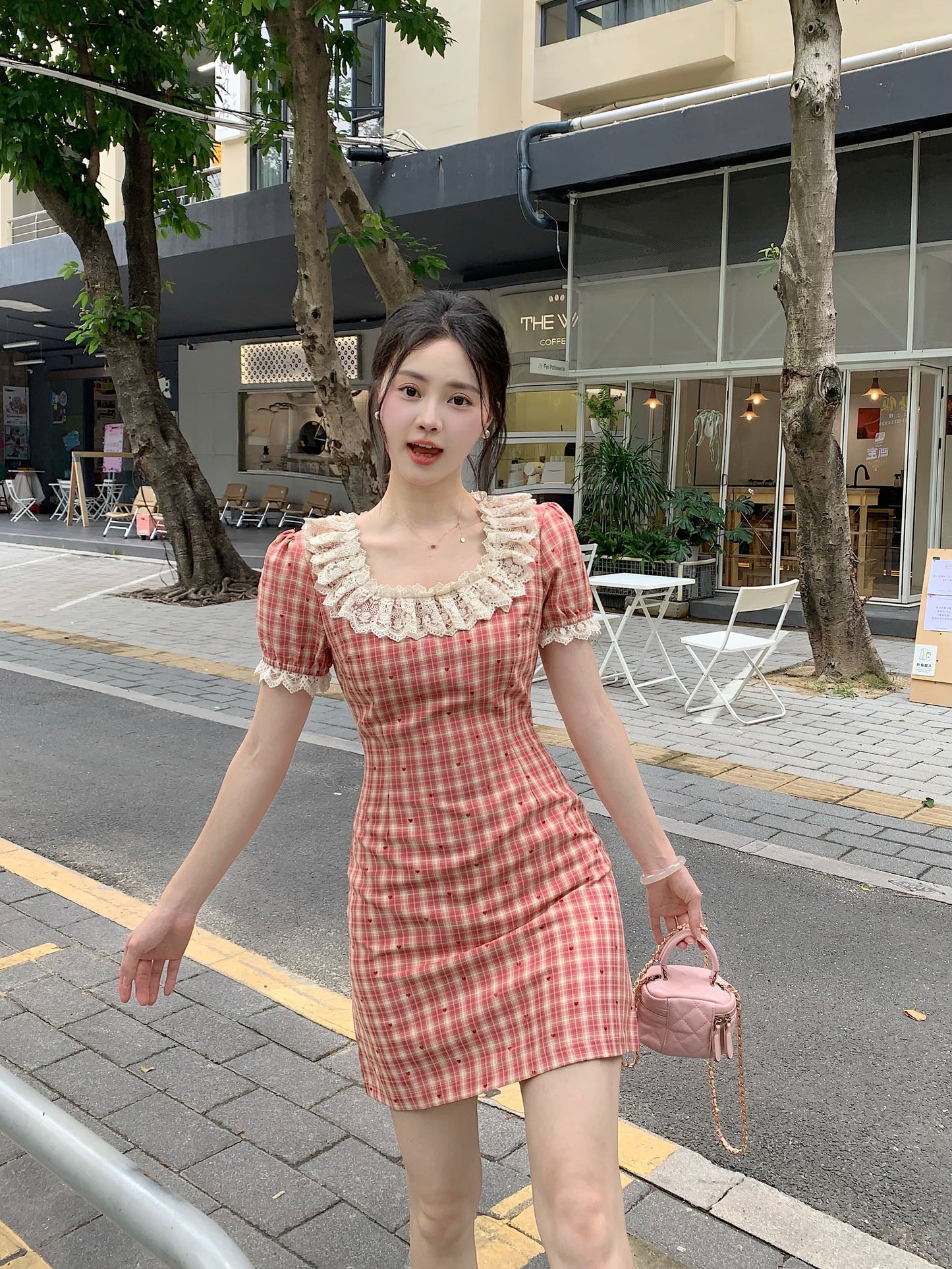 French Countryside Lace-Collar Gingham Dress