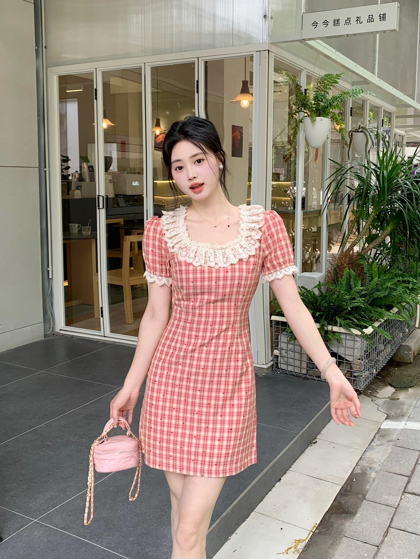 French Countryside Lace-Collar Gingham Dress