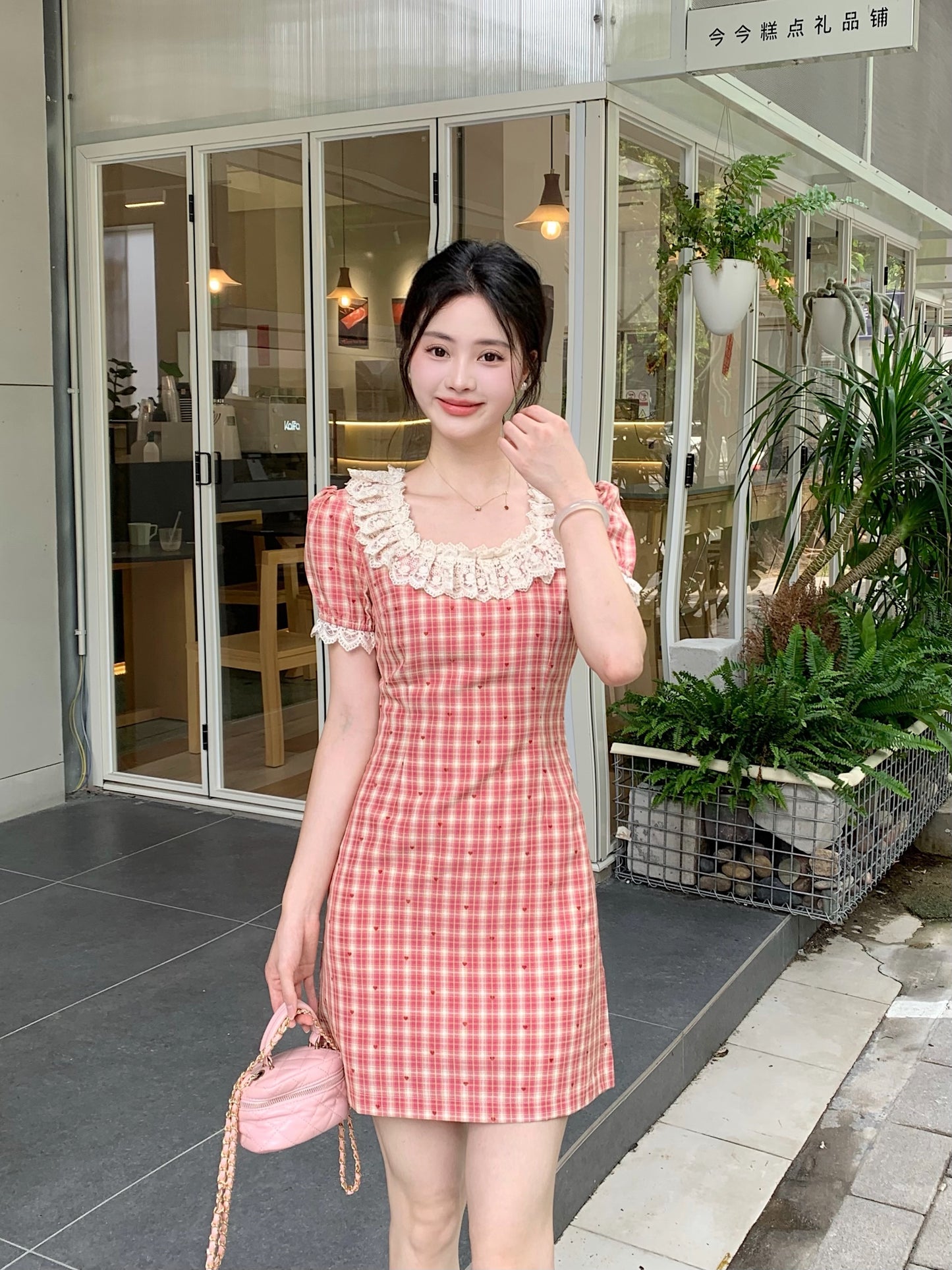 French Countryside Lace-Collar Gingham Dress