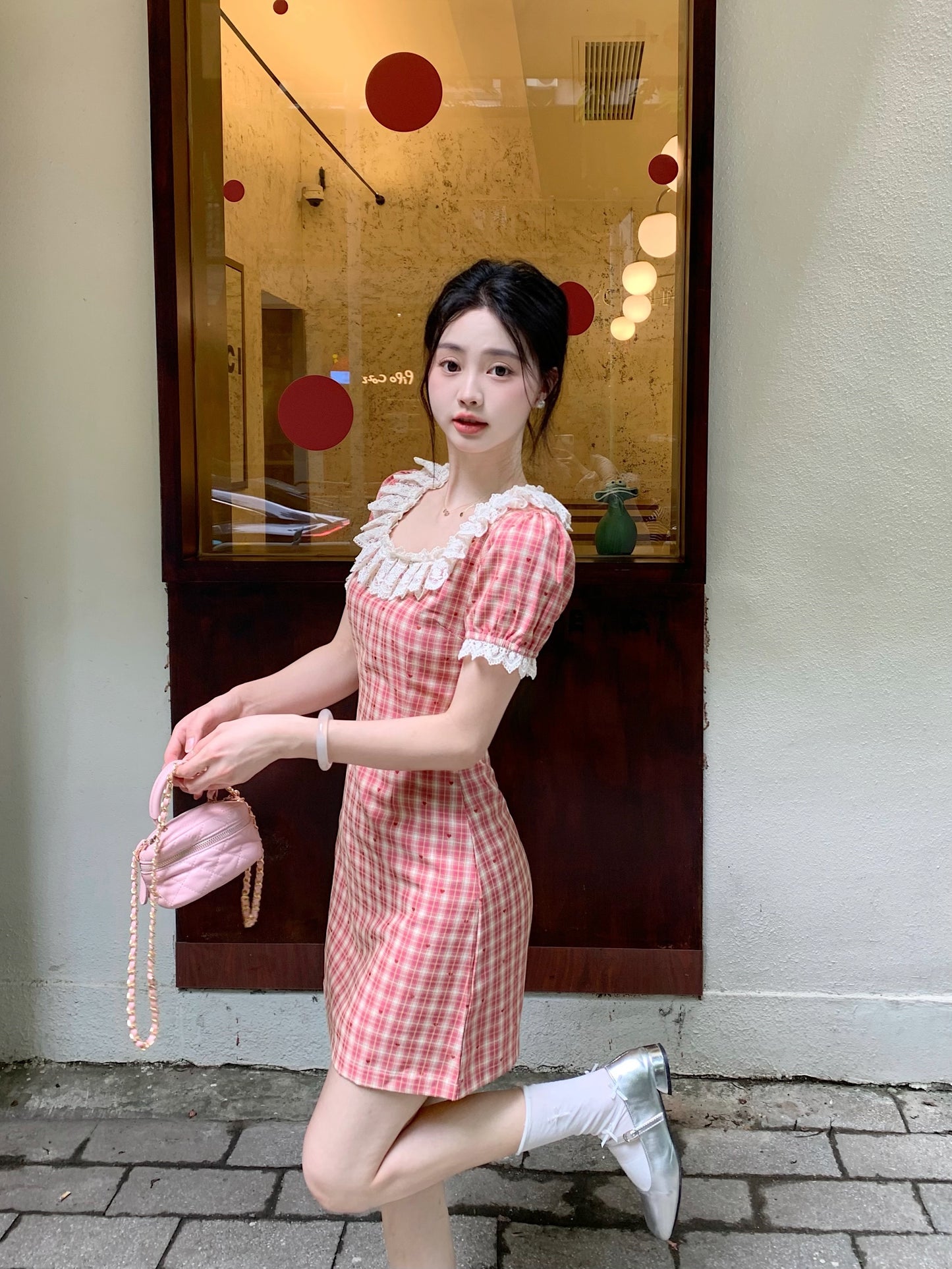 French Countryside Lace-Collar Gingham Dress