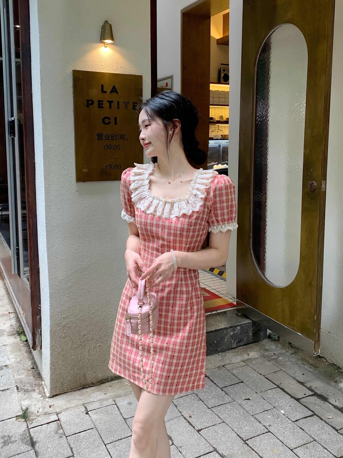 French Countryside Lace-Collar Gingham Dress