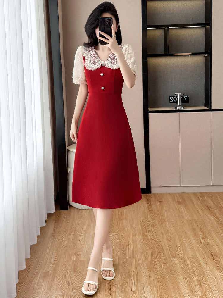 Plus Size Vintage  Rose Lace Collar A-Line Midi Dress in Ruby Red
