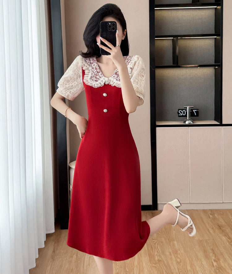 Plus Size Vintage  Rose Lace Collar A-Line Midi Dress in Ruby Red