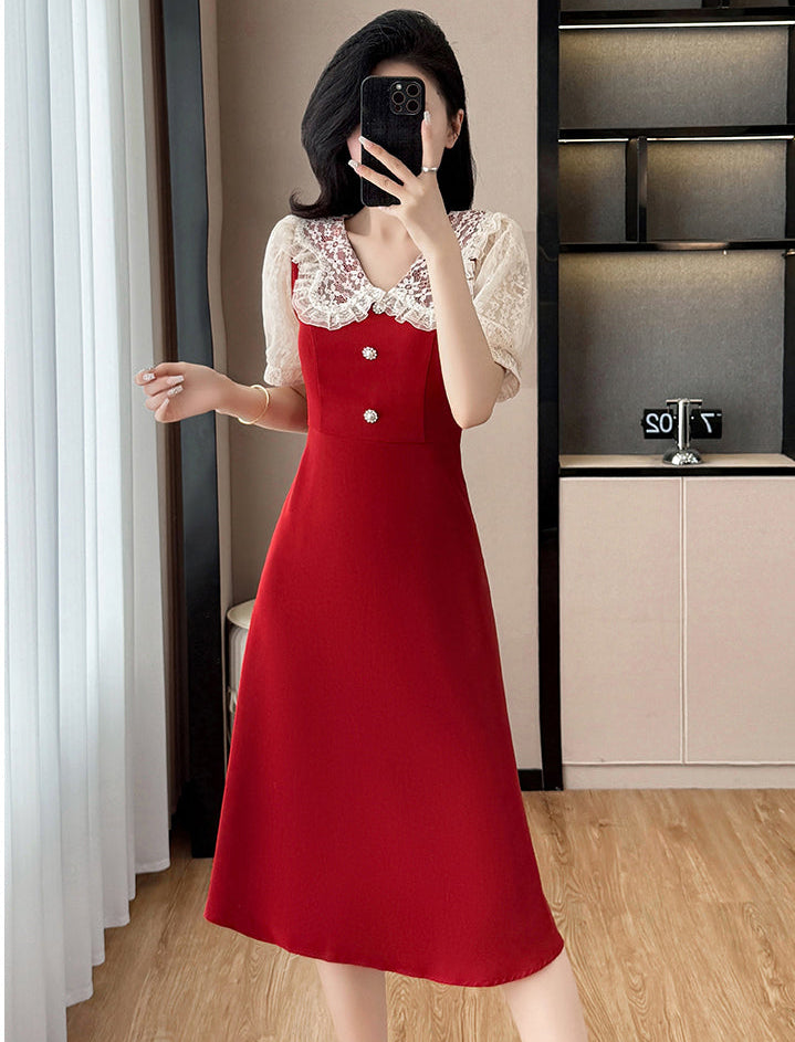 Plus Size Vintage  Rose Lace Collar A-Line Midi Dress in Ruby Red