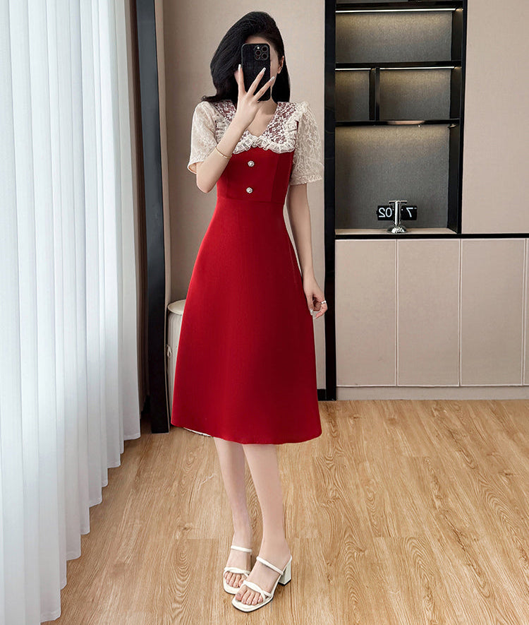Plus Size Vintage  Rose Lace Collar A-Line Midi Dress in Ruby Red