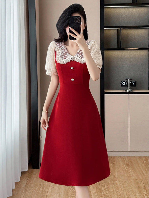 Plus Size Vintage  Rose Lace Collar A-Line Midi Dress in Ruby Red