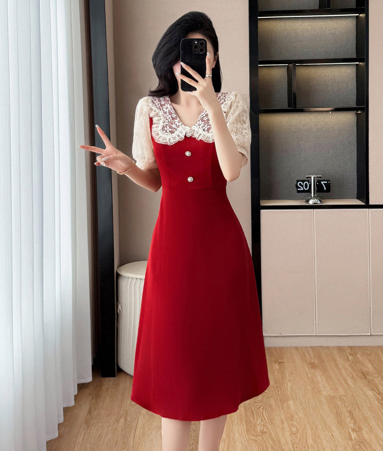Plus Size Vintage  Rose Lace Collar A-Line Midi Dress in Ruby Red