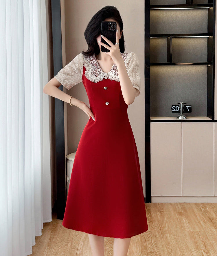 Plus Size Vintage  Rose Lace Collar A-Line Midi Dress in Ruby Red