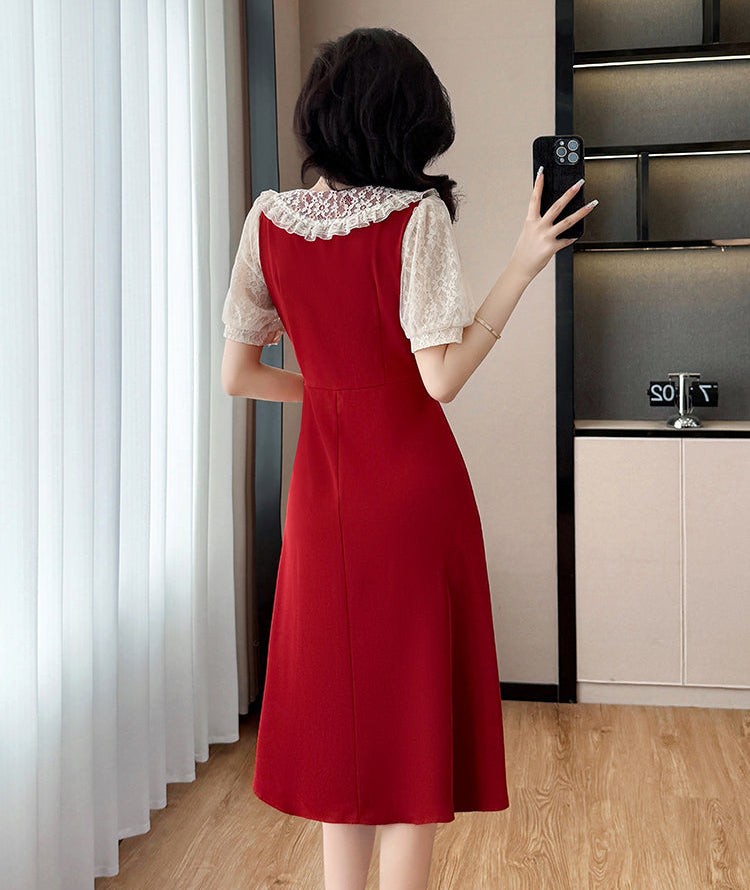Plus Size Vintage  Rose Lace Collar A-Line Midi Dress in Ruby Red