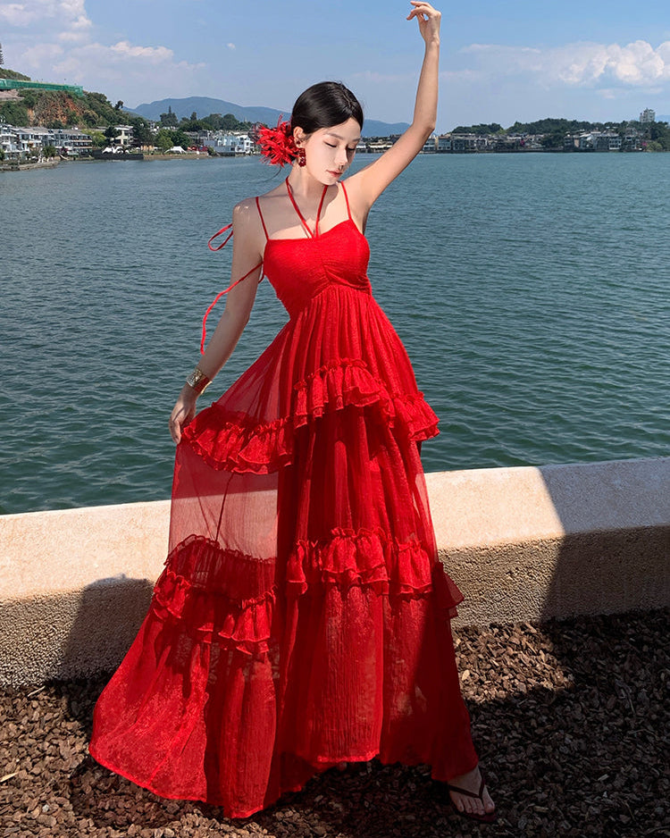 Red Tiered Ruffle Maxi Dress