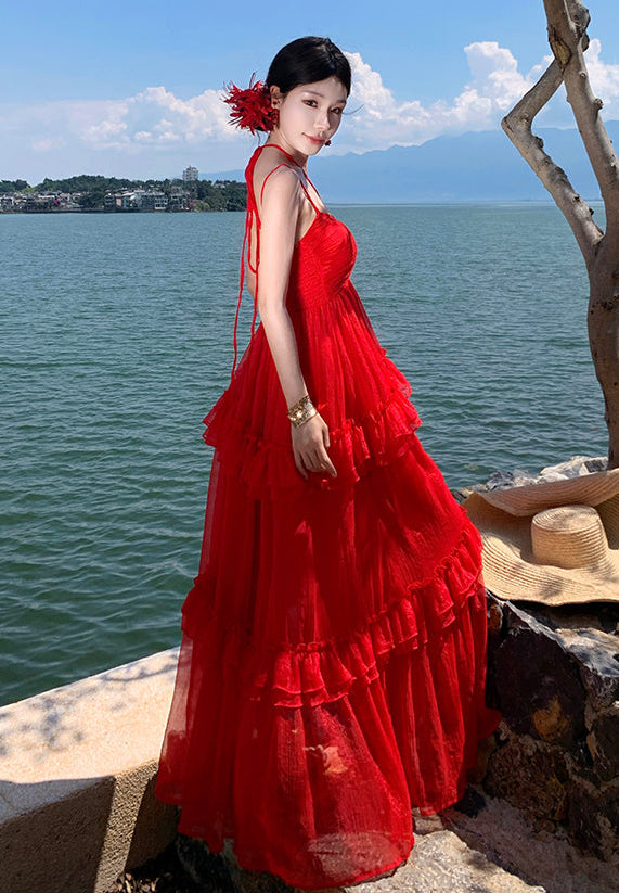 Red Tiered Ruffle Maxi Dress