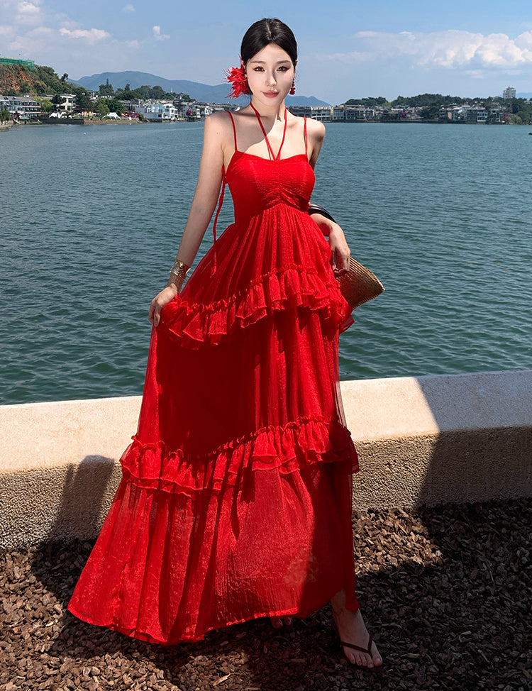 Red Tiered Ruffle Maxi Dress