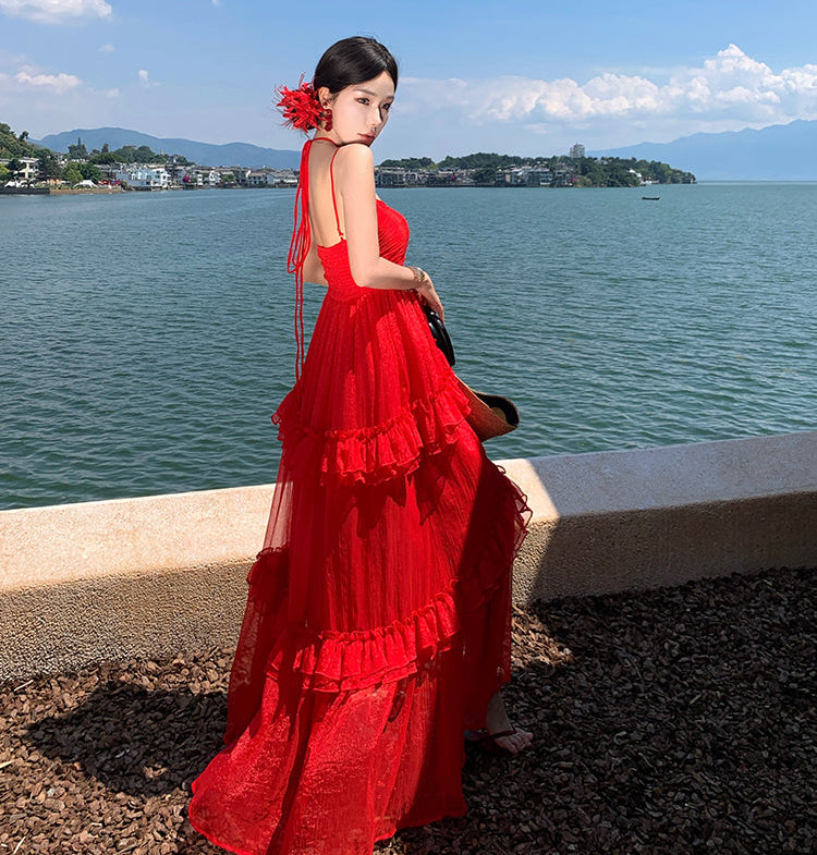 Red Tiered Ruffle Maxi Dress