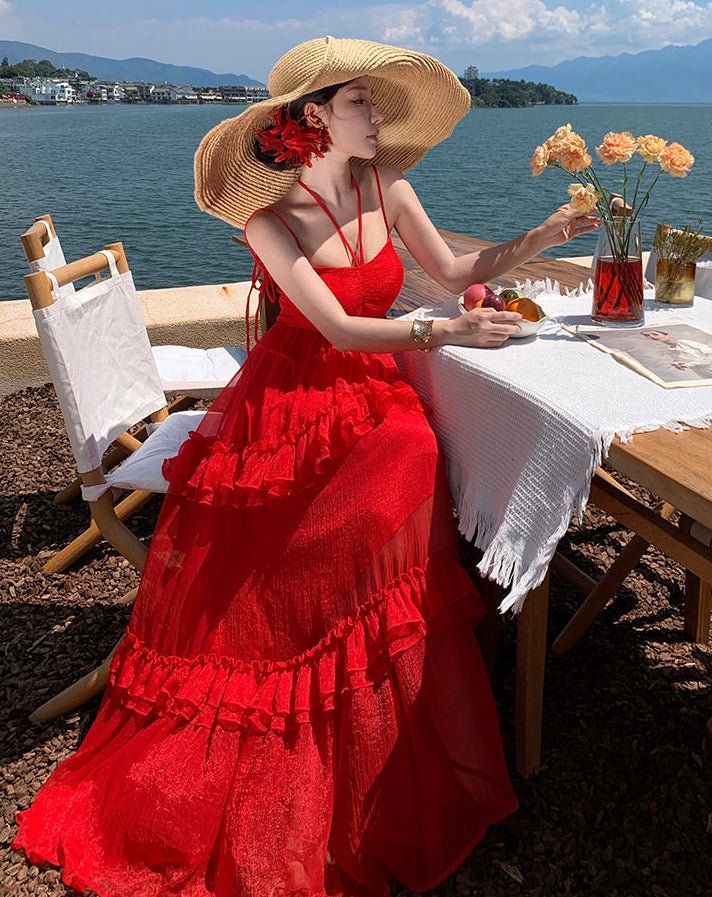 Red Tiered Ruffle Maxi Dress