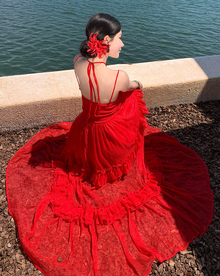Red Tiered Ruffle Maxi Dress
