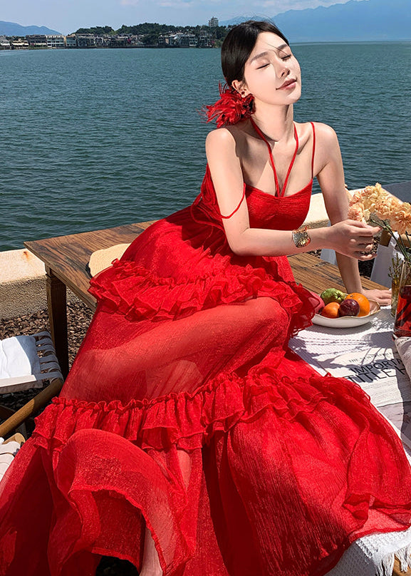 Red Tiered Ruffle Maxi Dress